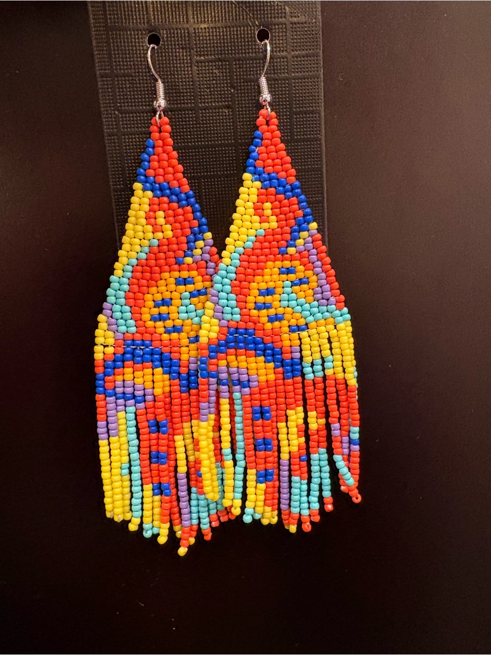 Colorful Seed Bead Fringe Earrings - Red, Yellow & Blue